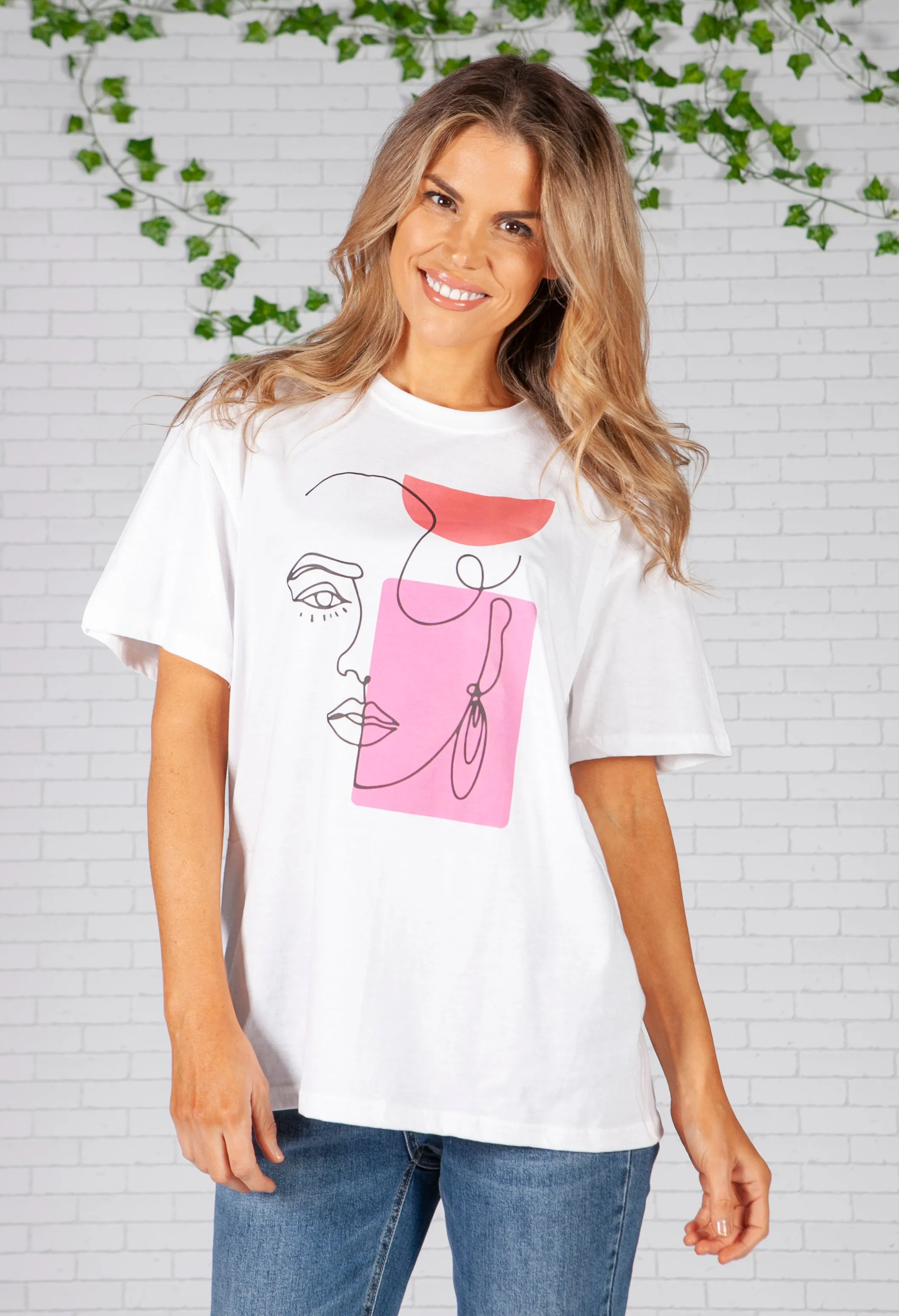 Abstract Face Print White T-Shirt