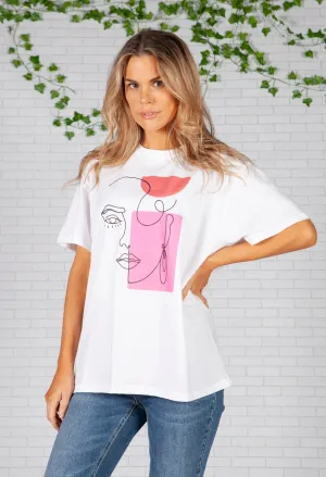 Abstract Face Print White T-Shirt