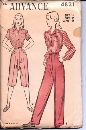 Advance 4821 Vintage 1940's Sewing Pattern Ladies Blouse Pedal Pusher Capri Pants Slacks