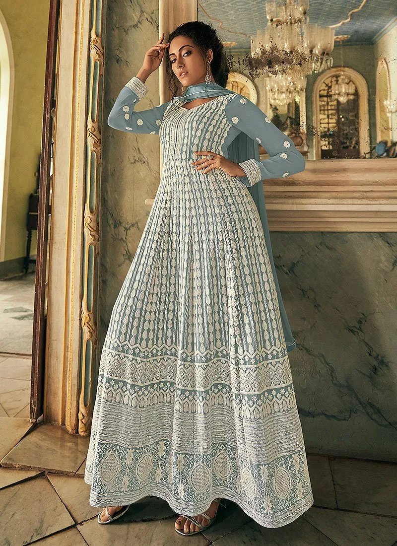 Appealing Blue Georgette Chikankari Embroidered Anarkali