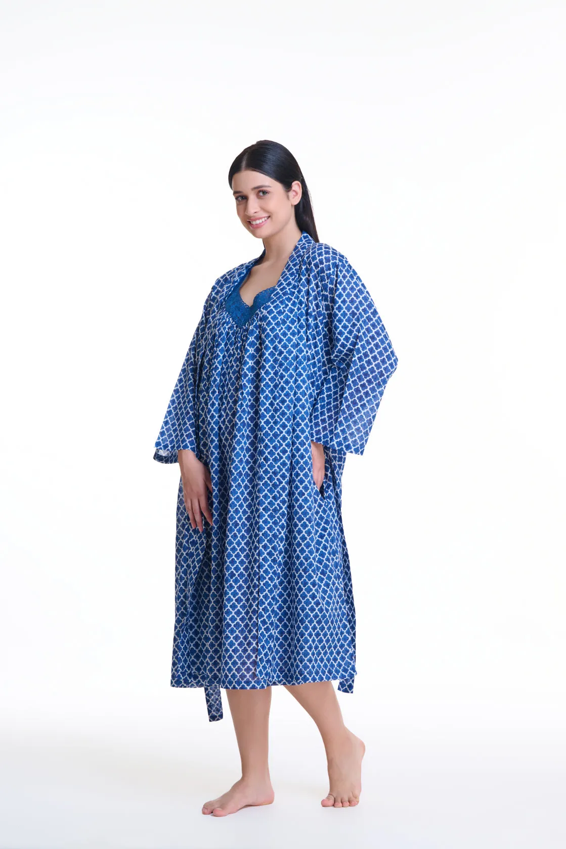 Arabella Dressing Gown Blue Geometric Print