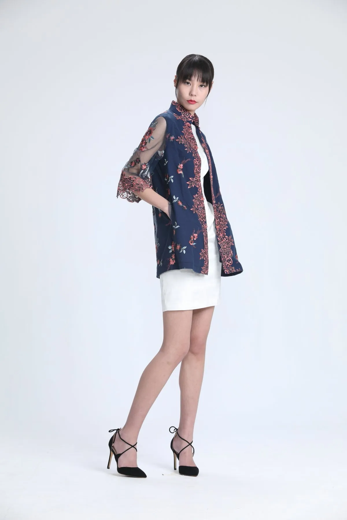 Blush and Grey Floral Embroidery on Navy Mesh Quarter Sleeve Jacket