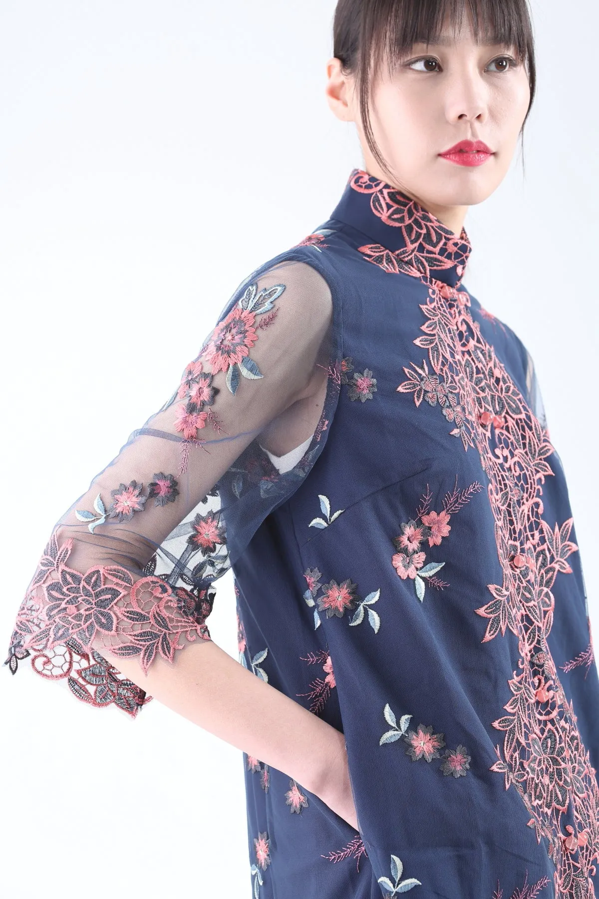 Blush and Grey Floral Embroidery on Navy Mesh Quarter Sleeve Jacket