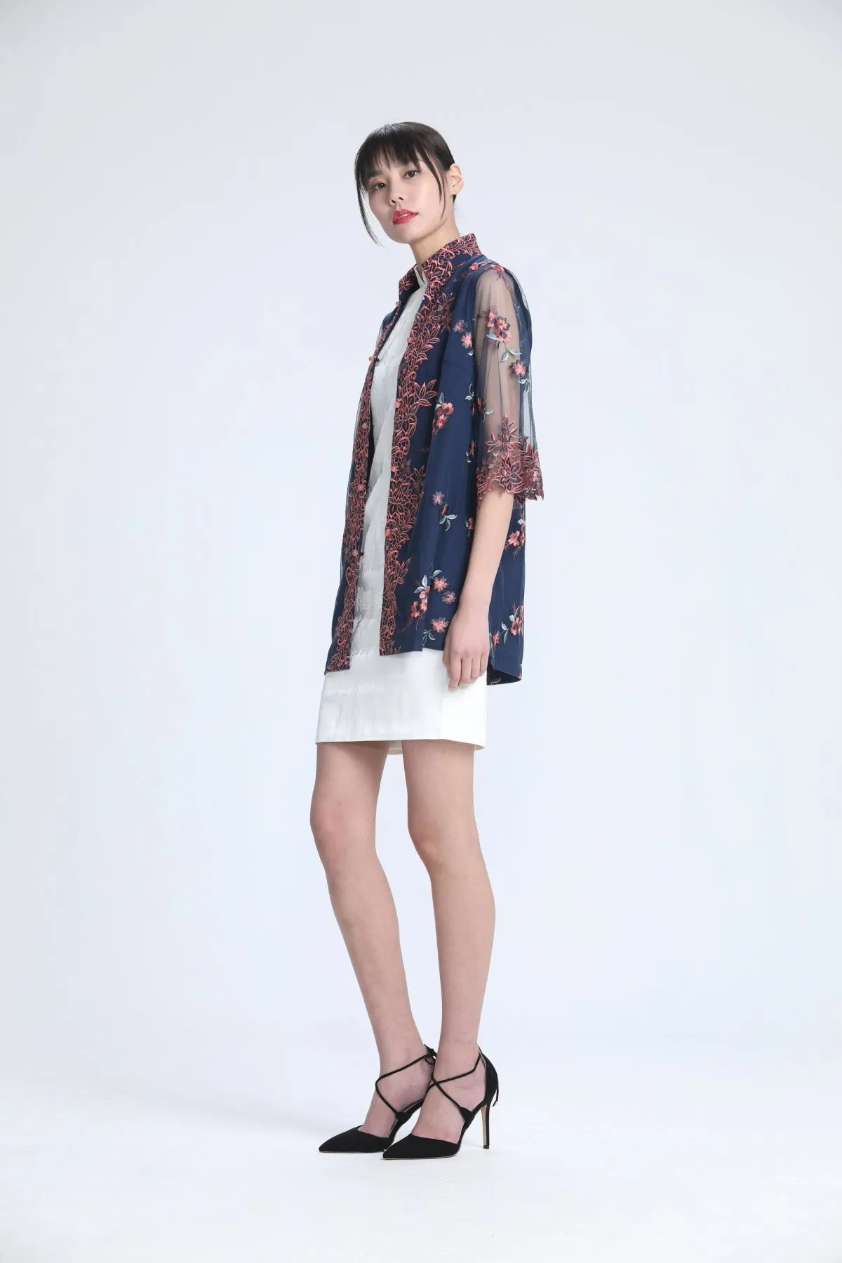 Blush and Grey Floral Embroidery on Navy Mesh Quarter Sleeve Jacket