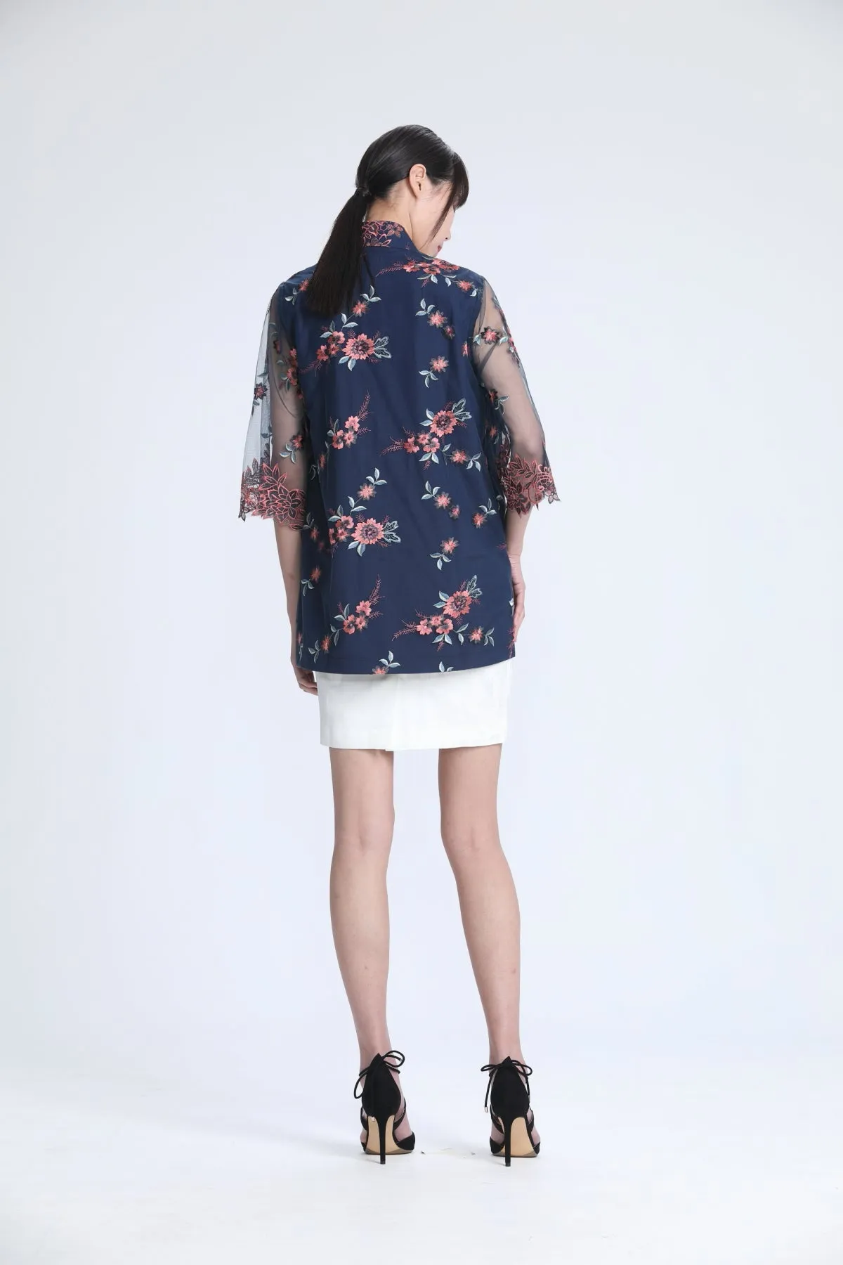 Blush and Grey Floral Embroidery on Navy Mesh Quarter Sleeve Jacket