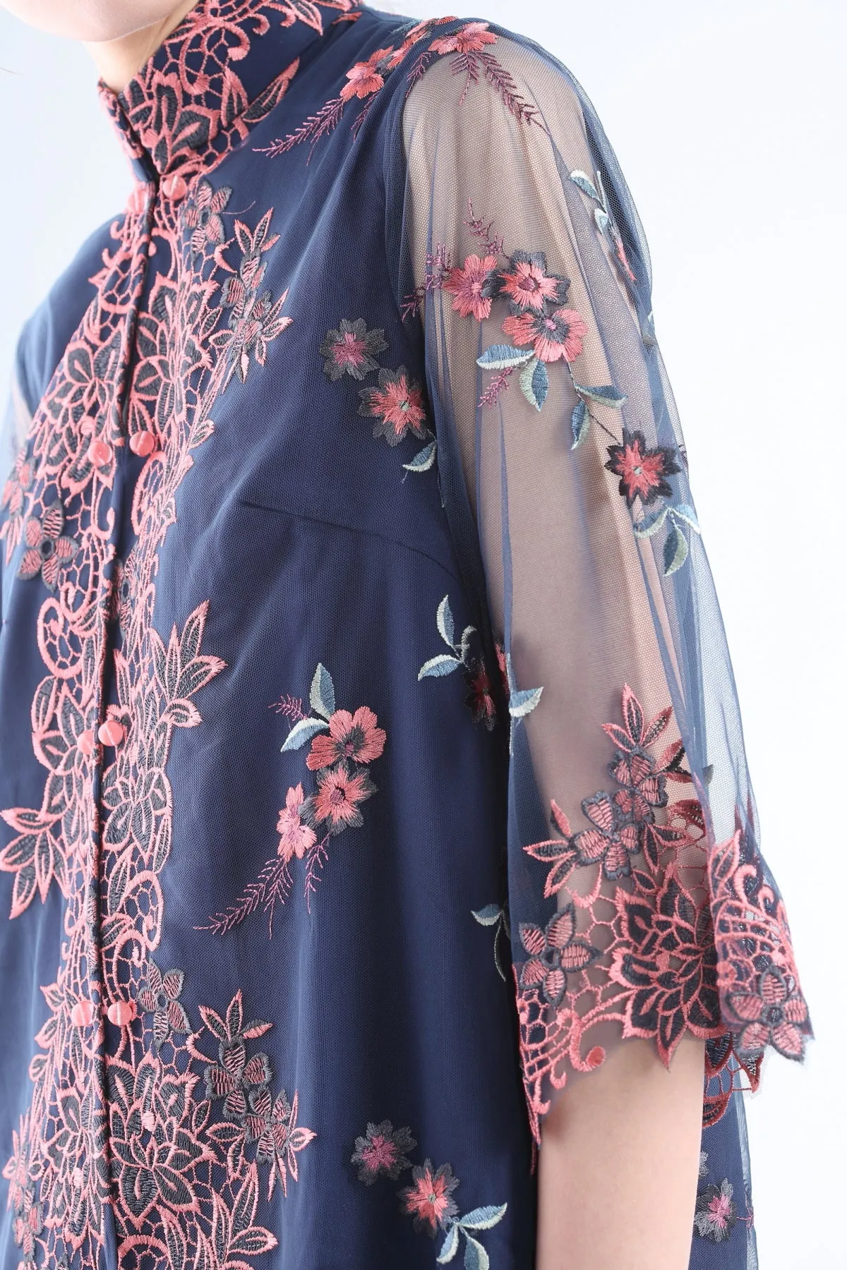 Blush and Grey Floral Embroidery on Navy Mesh Quarter Sleeve Jacket