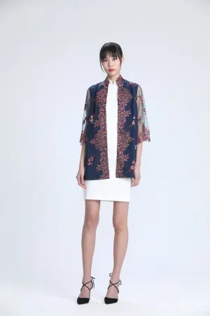 Blush and Grey Floral Embroidery on Navy Mesh Quarter Sleeve Jacket