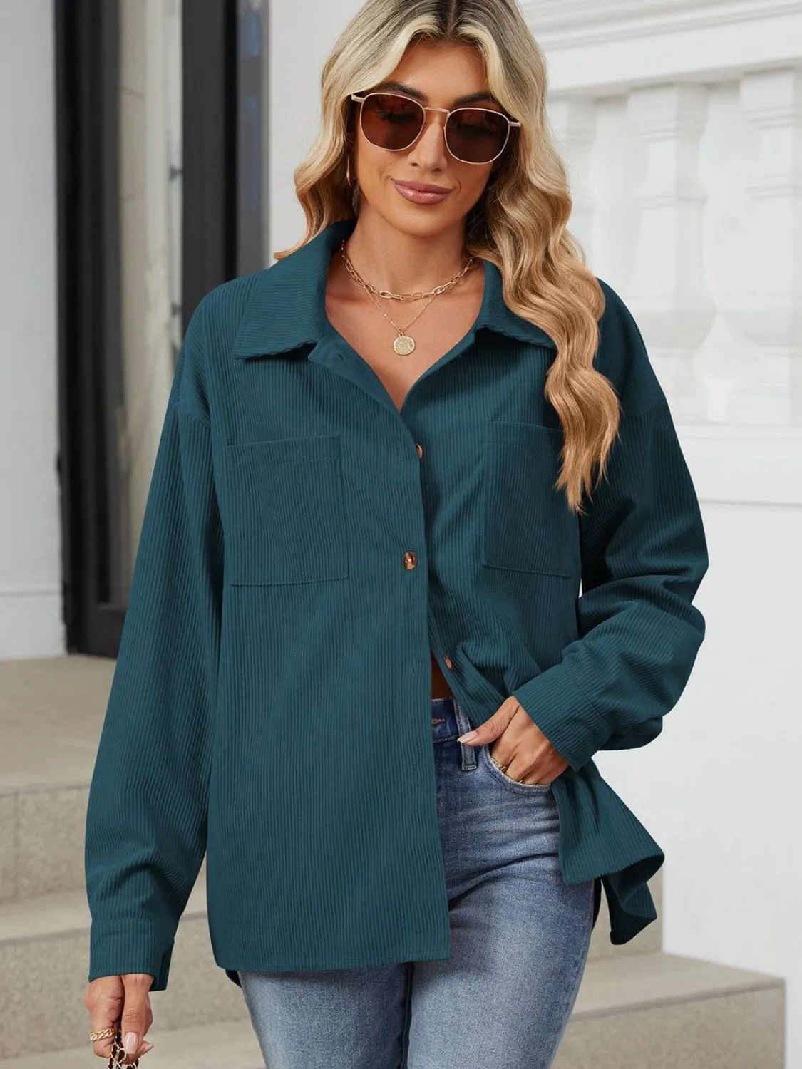 Button Up Dropped Shoulder Long Sleeve Outerwear