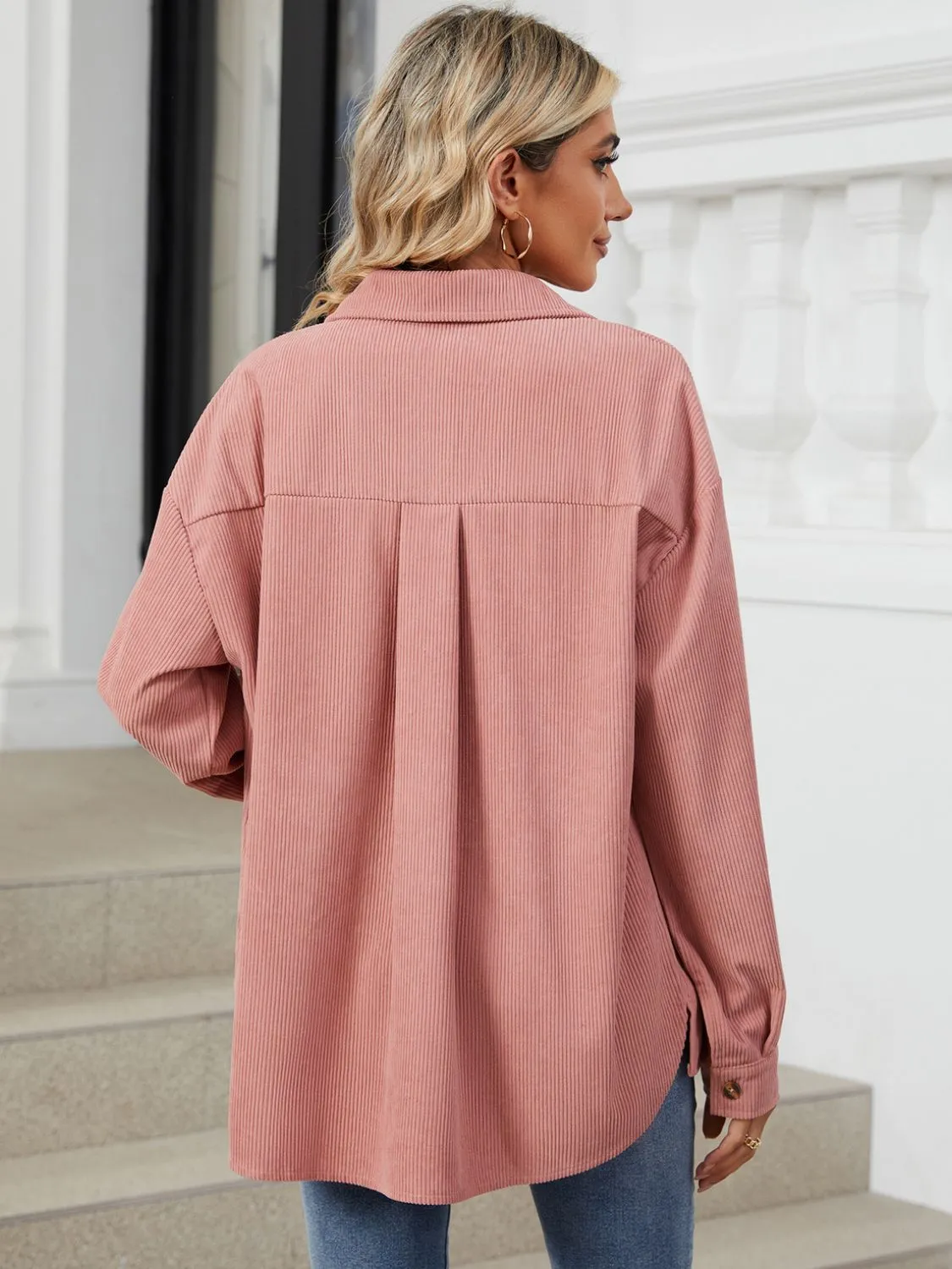 Button Up Dropped Shoulder Long Sleeve Outerwear