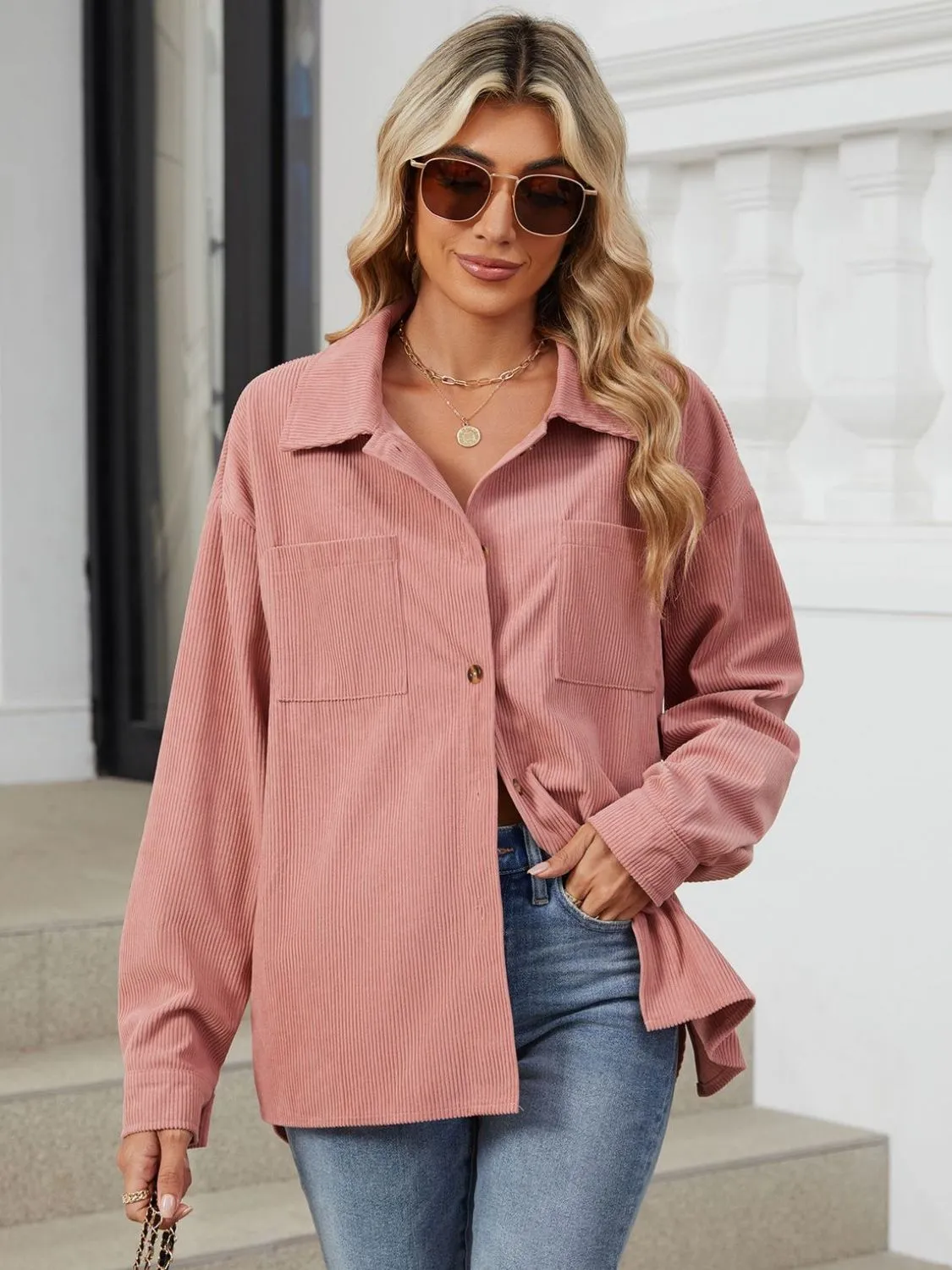 Button Up Dropped Shoulder Long Sleeve Outerwear