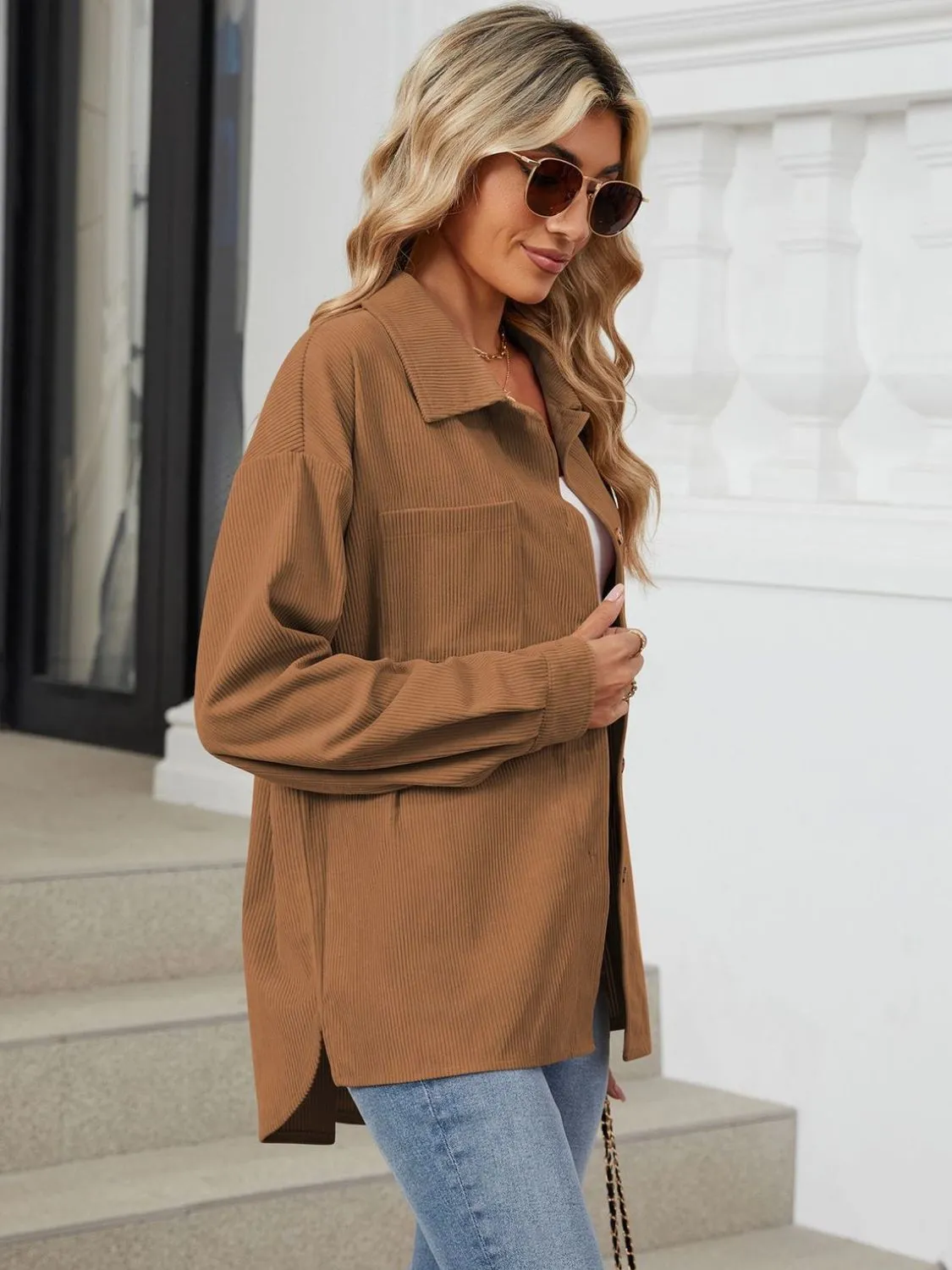 Button Up Dropped Shoulder Long Sleeve Outerwear