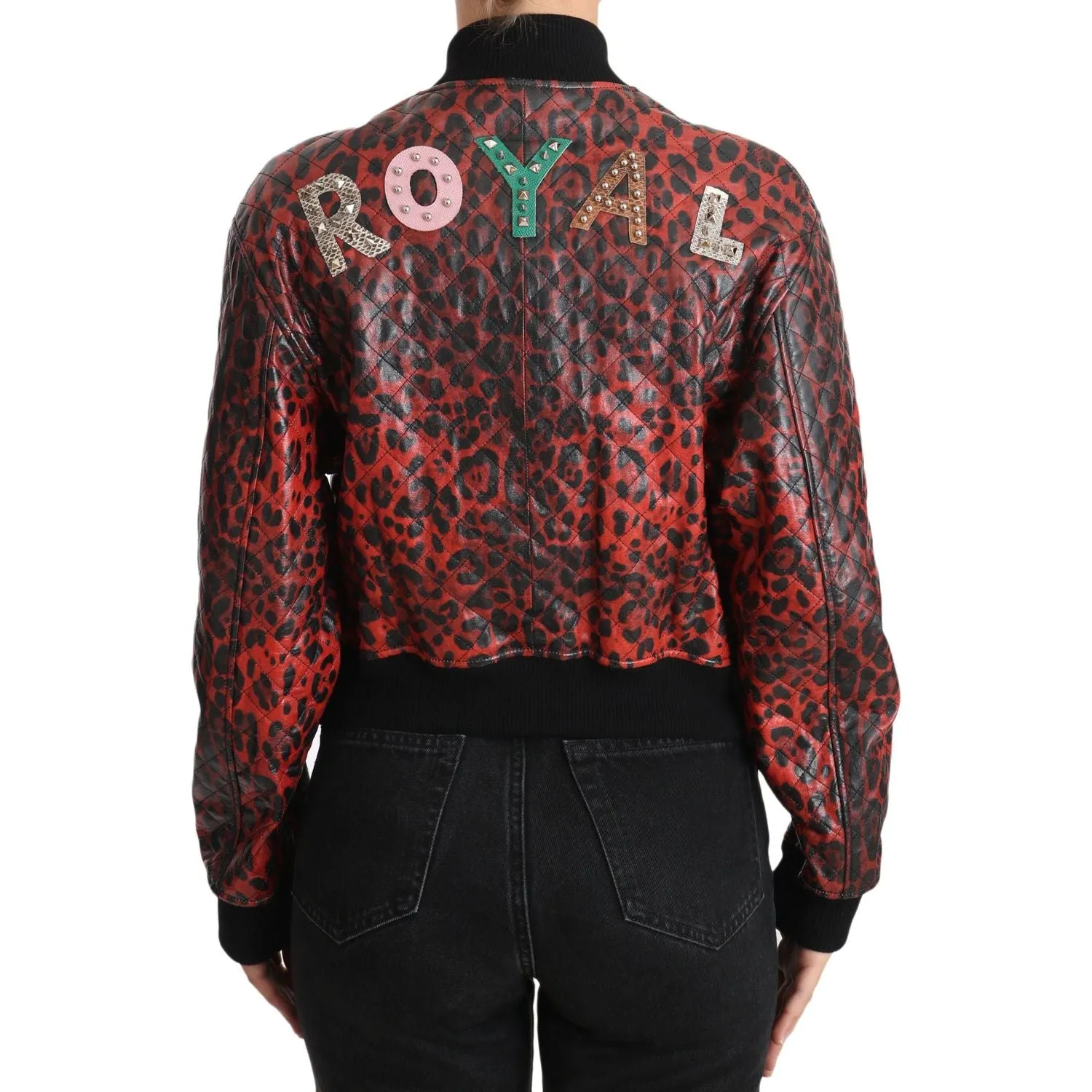 Dolce & Gabbana Red Leopard Bomber Leather Jacket with Crystal Buttons