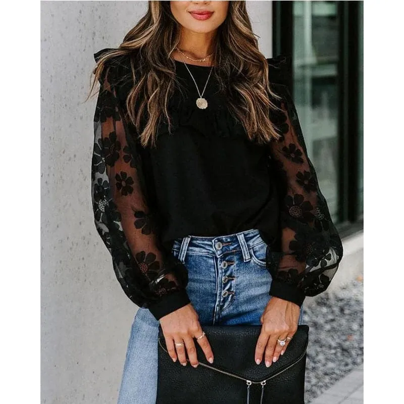 DressBetty - Woman Elegant Mesh Patchwork Blouse Long Sleeve Blouse Lace Transparent Flower Lantern Sleeve Pullover Streetwear Shirts