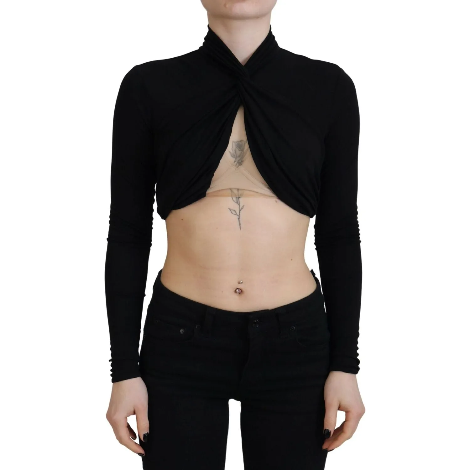 Dsquared² Black Cut Out Viscose Cropped Long Sleeves Top