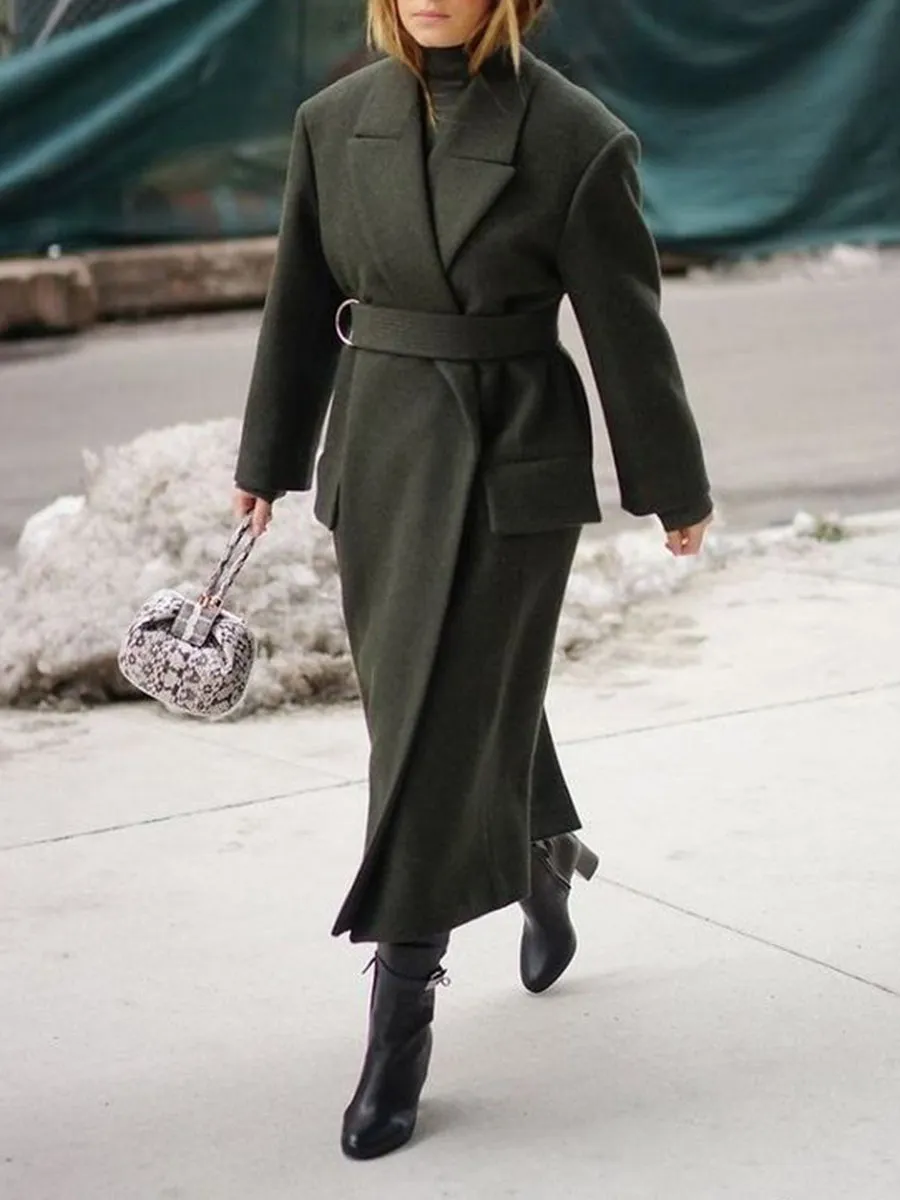 Fashion Belt Solid Color Casual Long Women's Coat