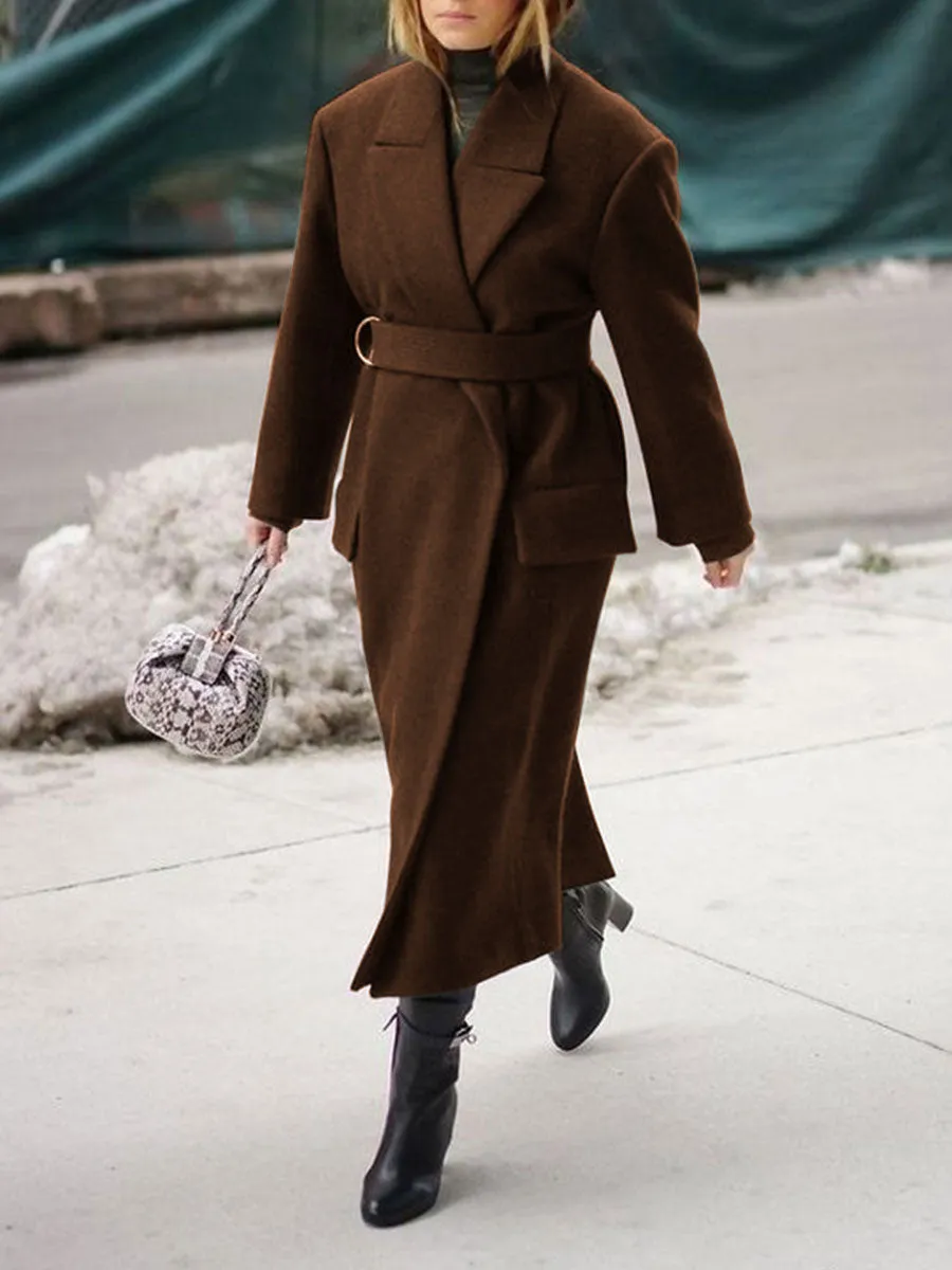 Fashion Belt Solid Color Casual Long Women's Coat