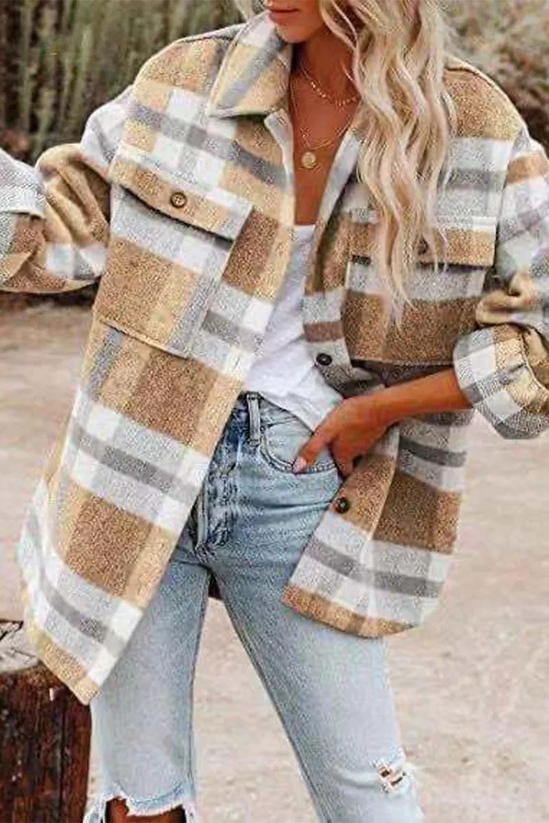 Fashion Casual Plaid Patchwork Turndown Collar Outerwear