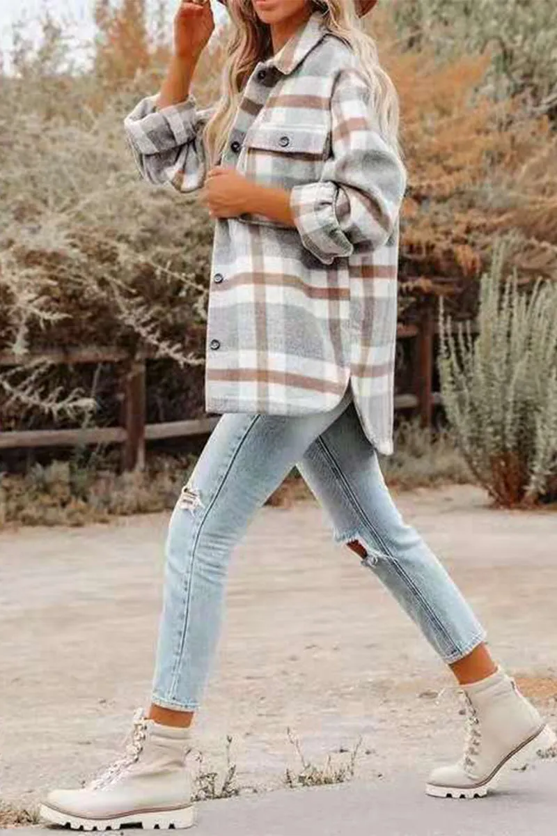 Fashion Casual Plaid Patchwork Turndown Collar Outerwear