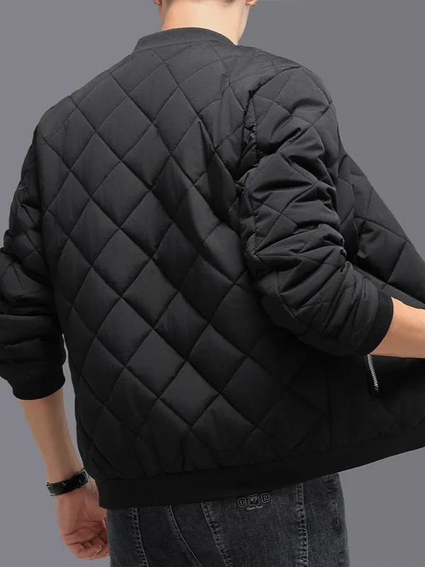 Fashion Rhombic-sewing Design Cotton Coat Winter Warm Thickened Baseball Jacket Casual Solid Color Outwear Clothing For Men