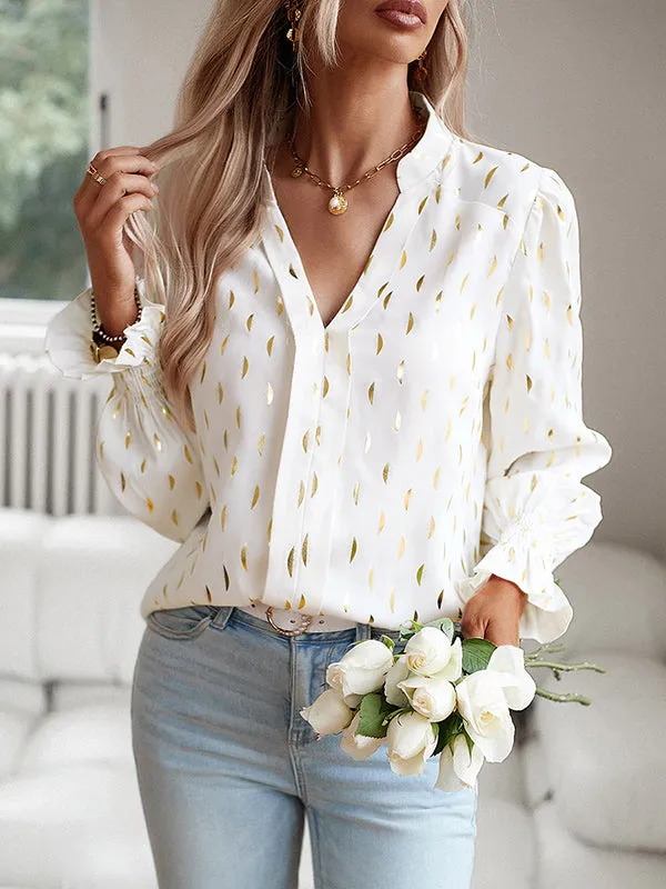 Flared Sleeves Long Sleeves Bronzing Elasticity Ruffle Trim V-Neck Blouses&Shirts Tops