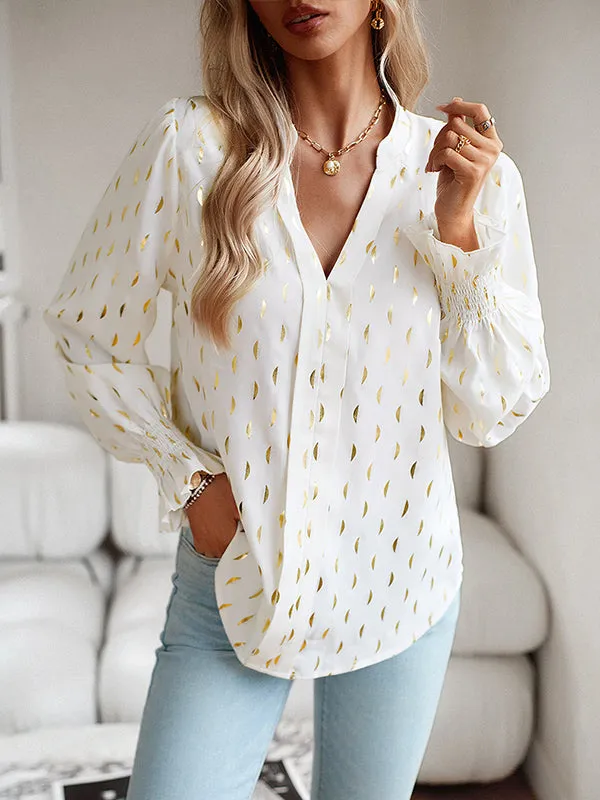 Flared Sleeves Long Sleeves Bronzing Elasticity Ruffle Trim V-Neck Blouses&Shirts Tops