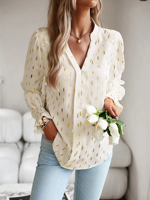 Flared Sleeves Long Sleeves Bronzing Elasticity Ruffle Trim V-Neck Blouses&Shirts Tops