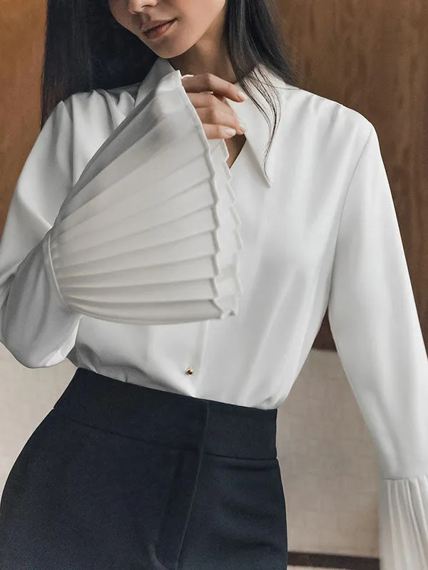 Flared Sleeves Long Sleeves Buttoned Hollow Pleated Split-Joint Lapel Blouses&Shirts Tops