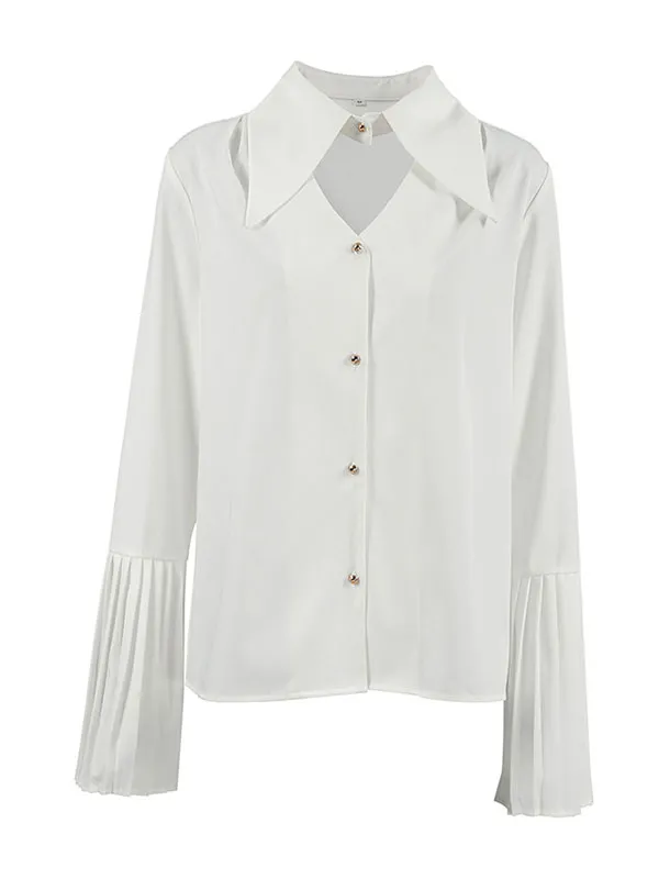 Flared Sleeves Long Sleeves Buttoned Hollow Pleated Split-Joint Lapel Blouses&Shirts Tops