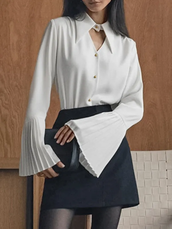 Flared Sleeves Long Sleeves Buttoned Hollow Pleated Split-Joint Lapel Blouses&Shirts Tops