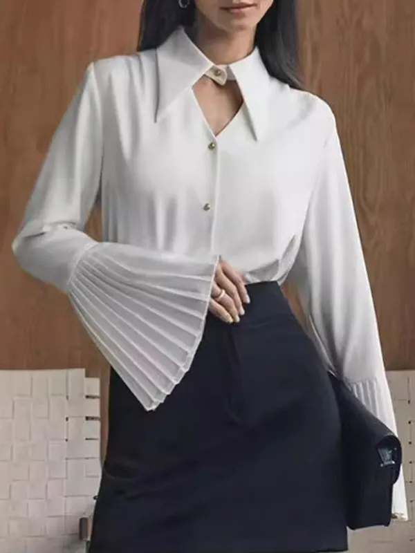 Flared Sleeves Long Sleeves Buttoned Hollow Pleated Split-Joint Lapel Blouses&Shirts Tops