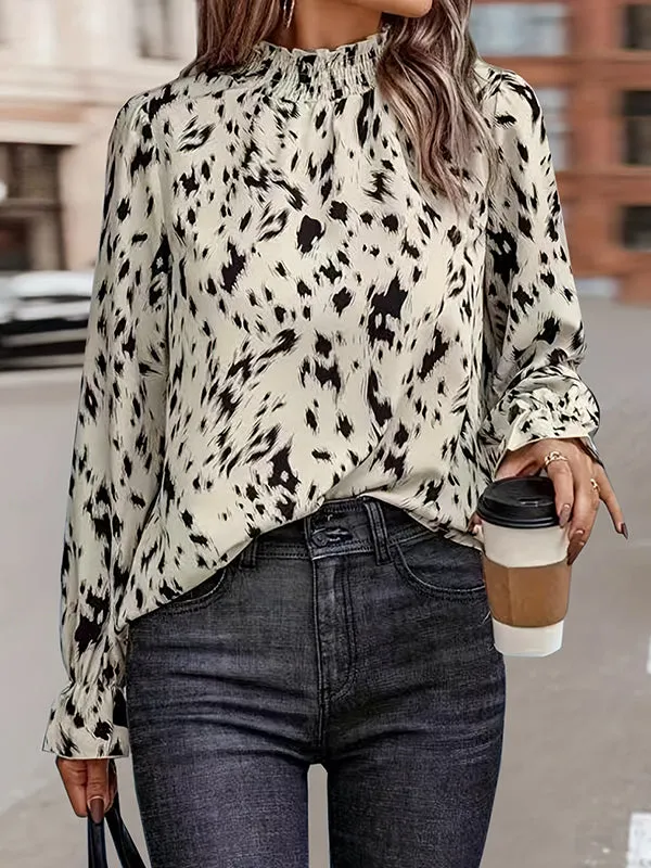 Flared Sleeves Long Sleeves Elasticity Pleated Printed Mock Neck Blouses&Shirts Tops