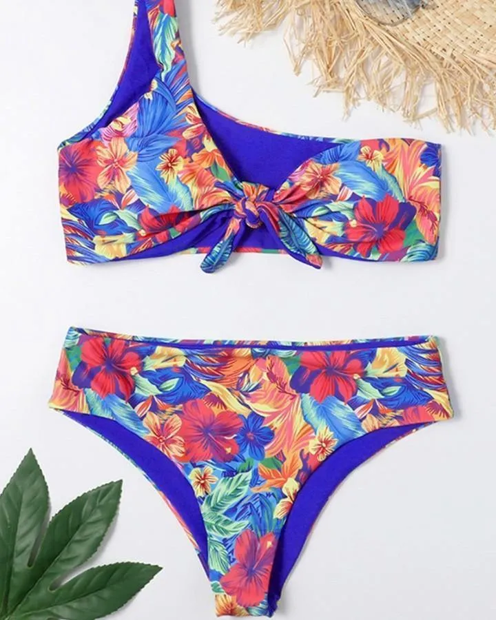 Floral Print One Shoulder Tanks With Panties Bikini Sets