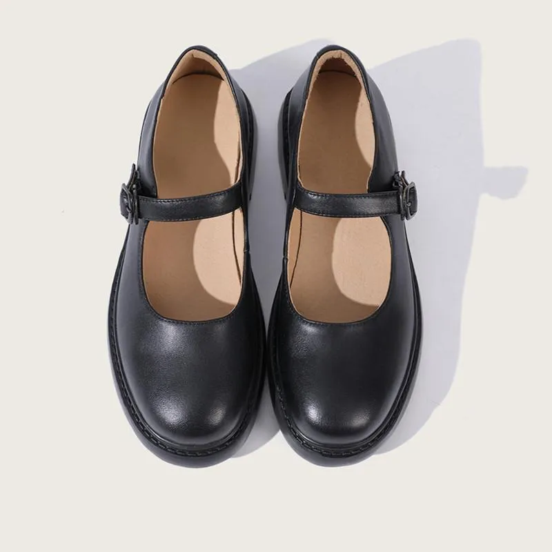 Full Grain Leather Flat Mary Jane Shoes Handmade Round Toe Japanese style Black Movable Insole