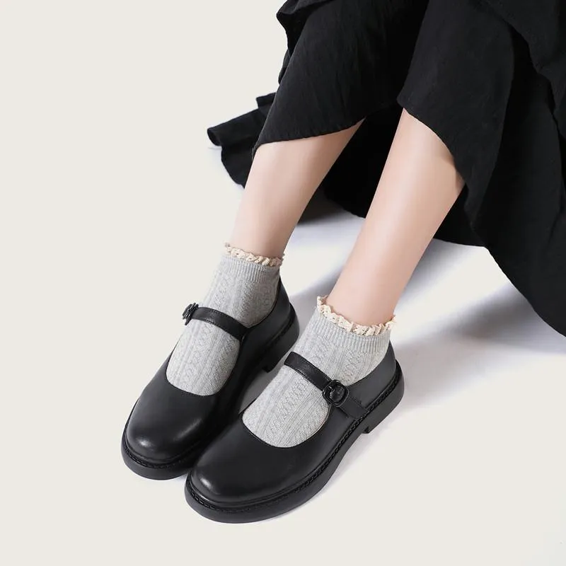 Full Grain Leather Flat Mary Jane Shoes Handmade Round Toe Japanese style Black Movable Insole