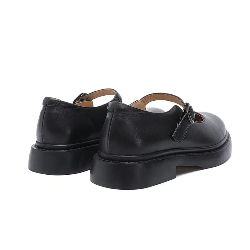 Full Grain Leather Flat Mary Jane Shoes Handmade Round Toe Japanese style Black Movable Insole