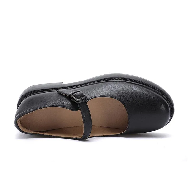 Full Grain Leather Flat Mary Jane Shoes Handmade Round Toe Japanese style Black Movable Insole