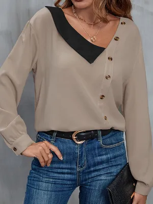 Long Sleeves Loose Asymmetric Buttoned Asymmetric Collar Blouses&Shirts Tops