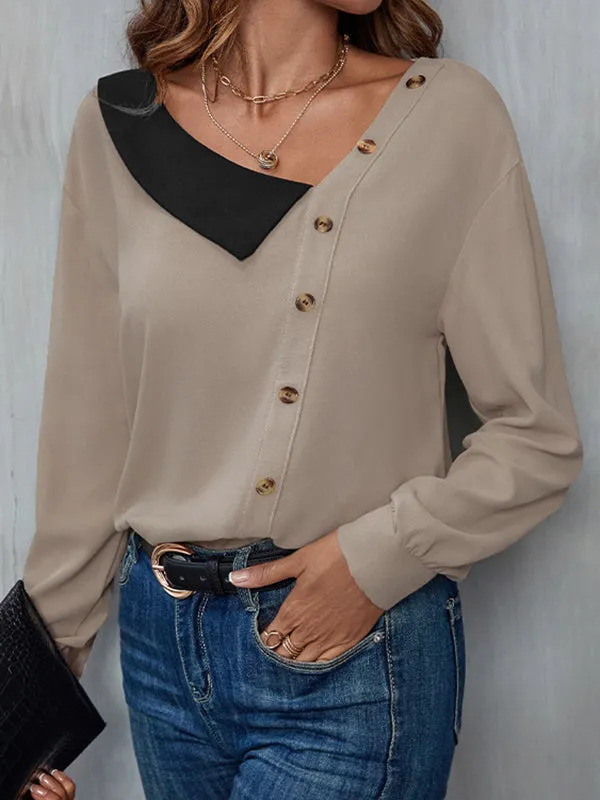 Long Sleeves Loose Asymmetric Buttoned Asymmetric Collar Blouses&Shirts Tops