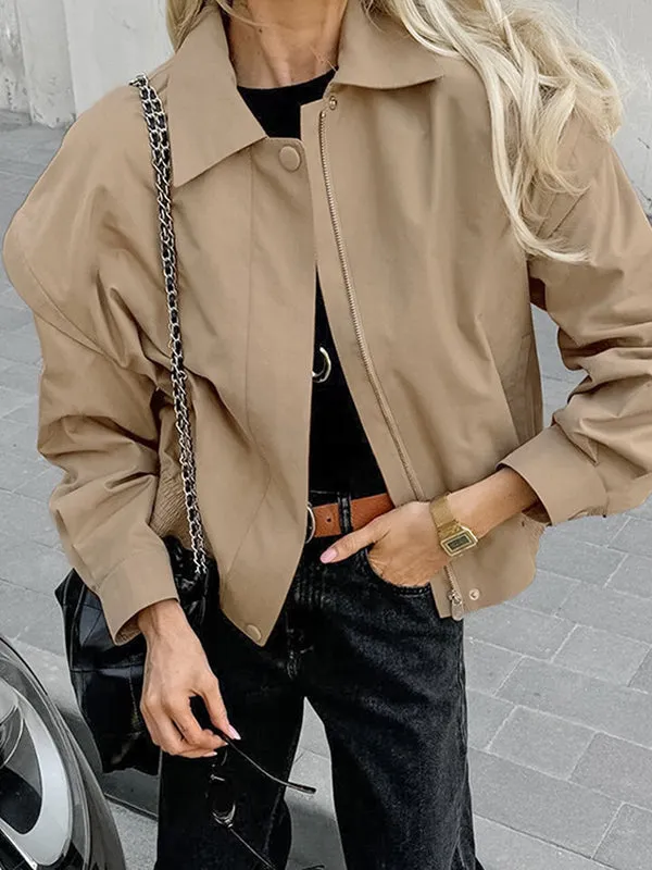 Long Sleeves Loose Buttoned Elasticity Solid Color Zipper Lapel Jackets Outerwear