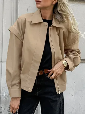 Long Sleeves Loose Buttoned Elasticity Solid Color Zipper Lapel Jackets Outerwear