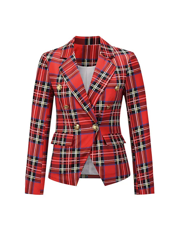 Long Sleeves Loose Buttoned Plaid Pockets Notched Collar Blazer Outerwear