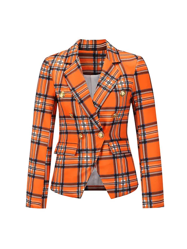 Long Sleeves Loose Buttoned Plaid Pockets Notched Collar Blazer Outerwear