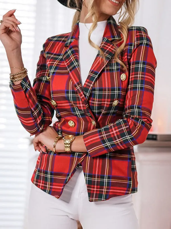 Long Sleeves Loose Buttoned Plaid Pockets Notched Collar Blazer Outerwear