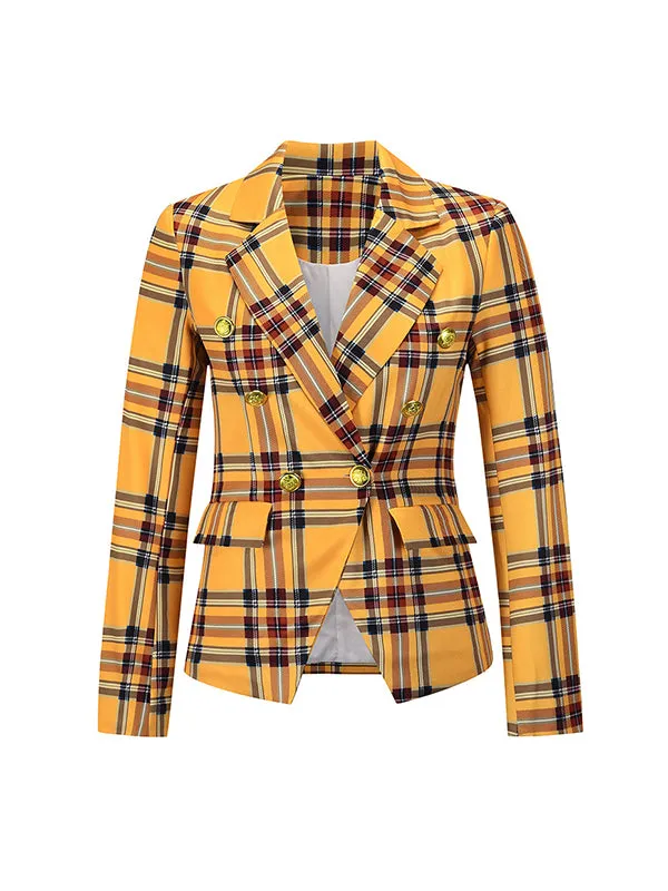 Long Sleeves Loose Buttoned Plaid Pockets Notched Collar Blazer Outerwear