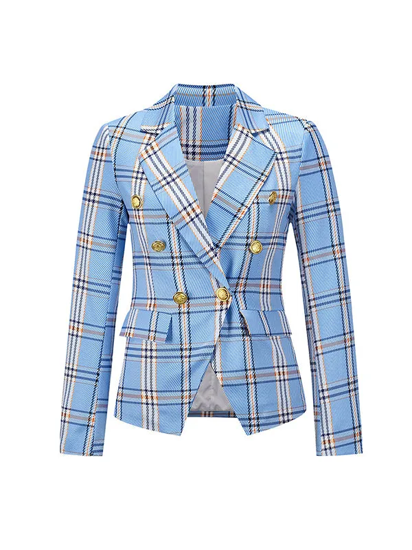 Long Sleeves Loose Buttoned Plaid Pockets Notched Collar Blazer Outerwear