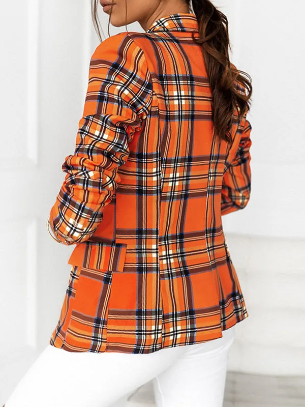 Long Sleeves Loose Buttoned Plaid Pockets Notched Collar Blazer Outerwear