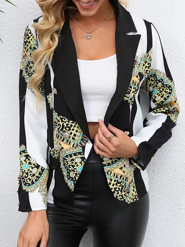 Long Sleeves Loose Buttoned Pockets Printed Notched Collar Blazer Outerwear