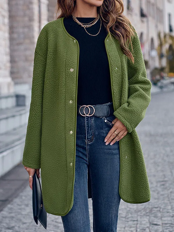 Long Sleeves Loose Buttoned Round-Neck Outerwear