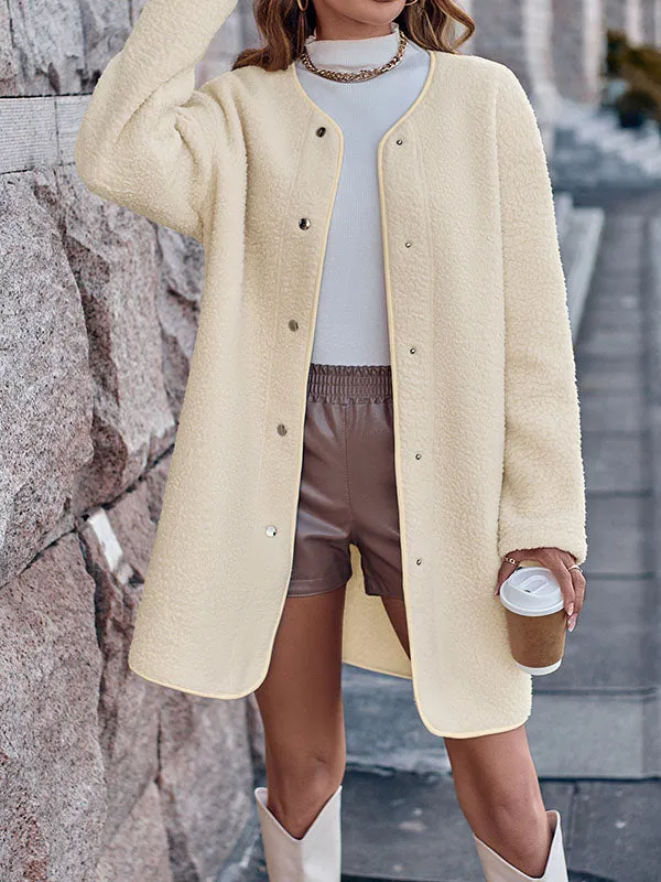 Long Sleeves Loose Buttoned Round-Neck Outerwear