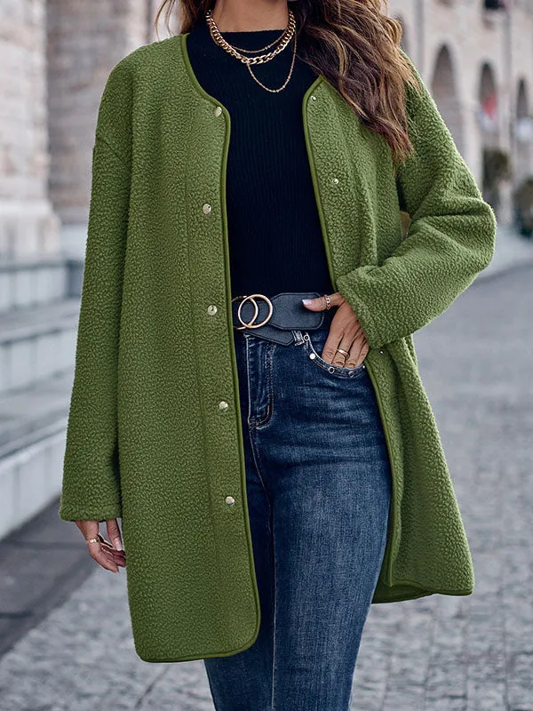 Long Sleeves Loose Buttoned Round-Neck Outerwear